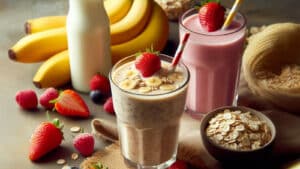 alt= Dois smoothies, um smoothie de morango com um morango por cima e o outro smoothies pós treino de banana e aveia. Ambos têm canudos listrados. Ao redor dos smoothies estão bananas, framboesas, morangos, uma garrafa de leite e aveia.